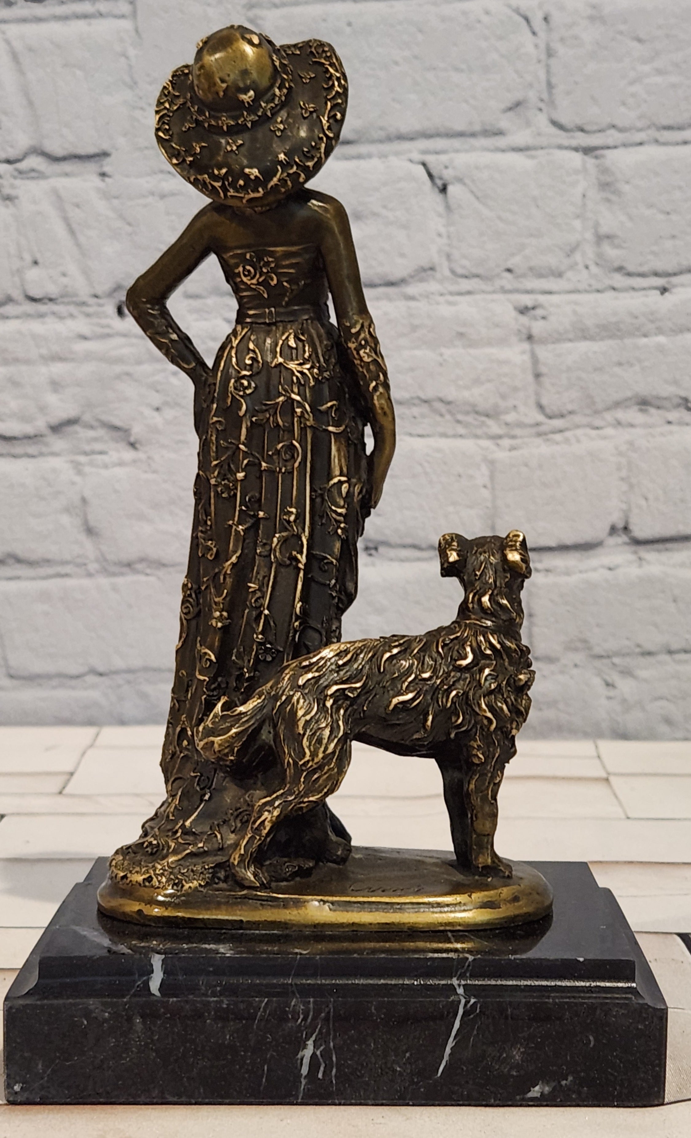 Art Deco Bronze Lady Walking Her Dog Sculpture Hand Made Signed Casaro Statue
