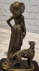 Art Deco Bronze Lady Walking Her Dog Sculpture Hand Made Signed Casaro Statue