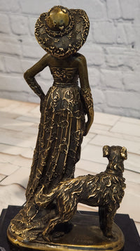 Art Deco Bronze Lady Walking Her Dog Sculpture Hand Made Signed Casaro Statue