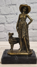 Art Deco Bronze Lady Walking Her Dog Sculpture Hand Made Signed Casaro Statue