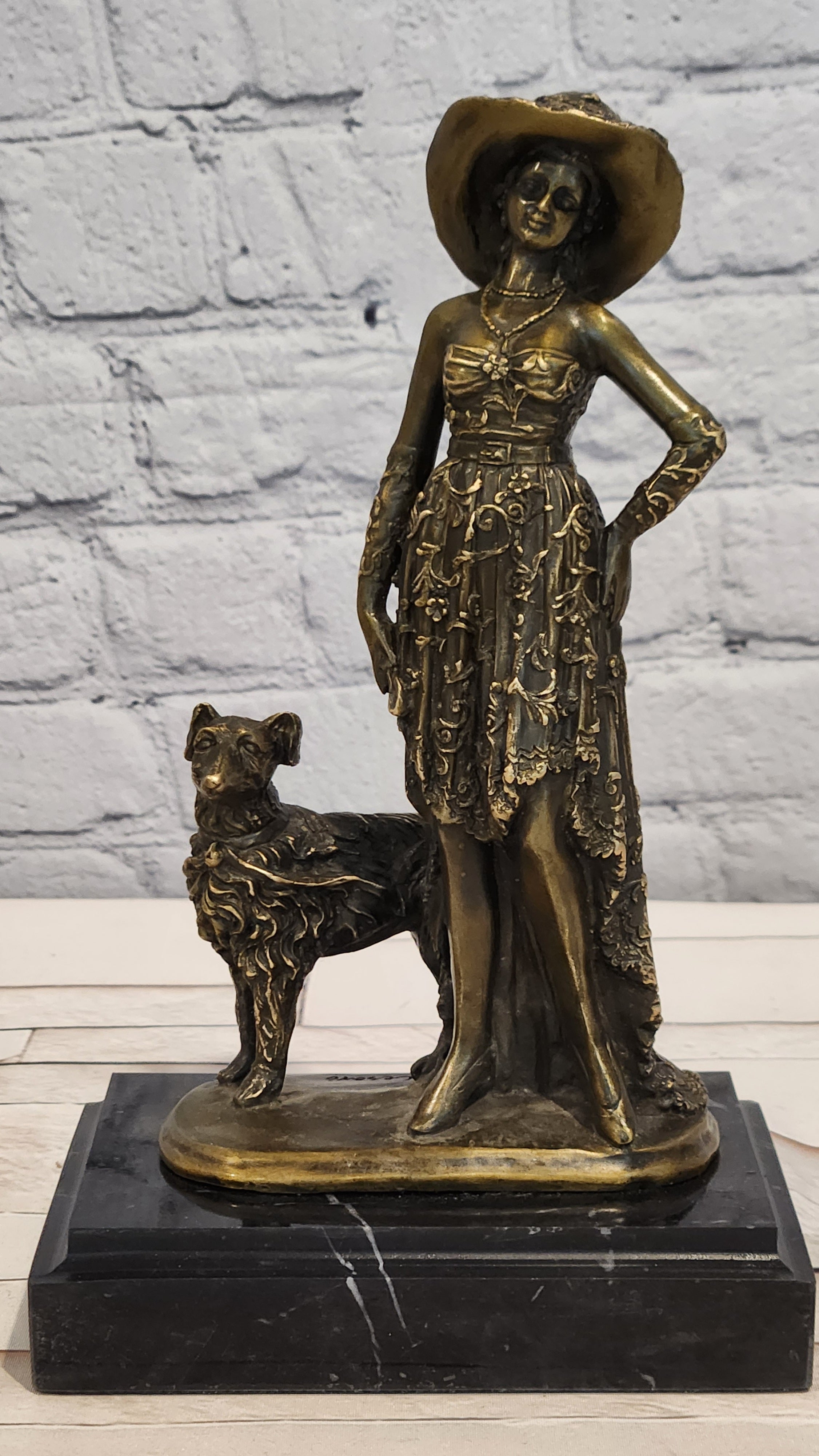 Art Deco Bronze Lady Walking Her Dog Sculpture Hand Made Signed Casaro Statue