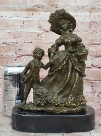 Bronze Victorian Lady and Boy Sculpture on Marble Base