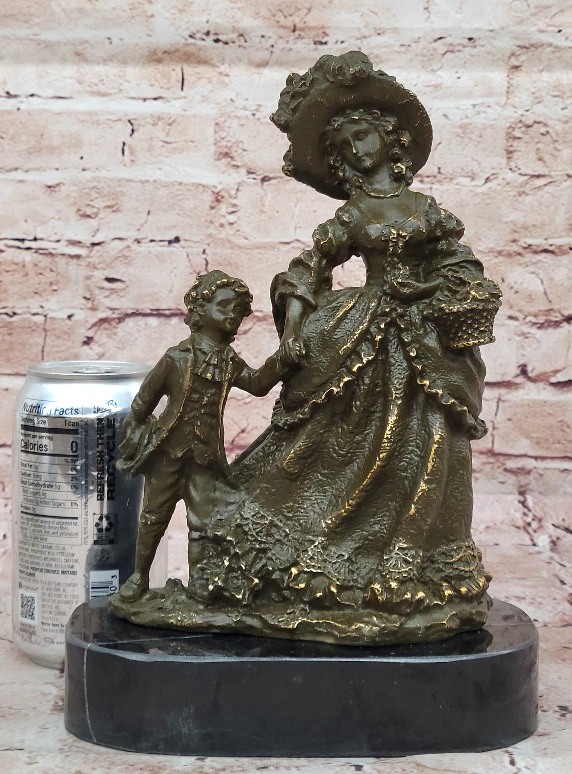 Bronze Victorian Lady and Boy Sculpture on Marble Base