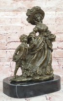 Bronze Victorian Lady and Boy Sculpture on Marble Base