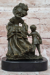 Bronze Victorian Lady and Boy Sculpture on Marble Base