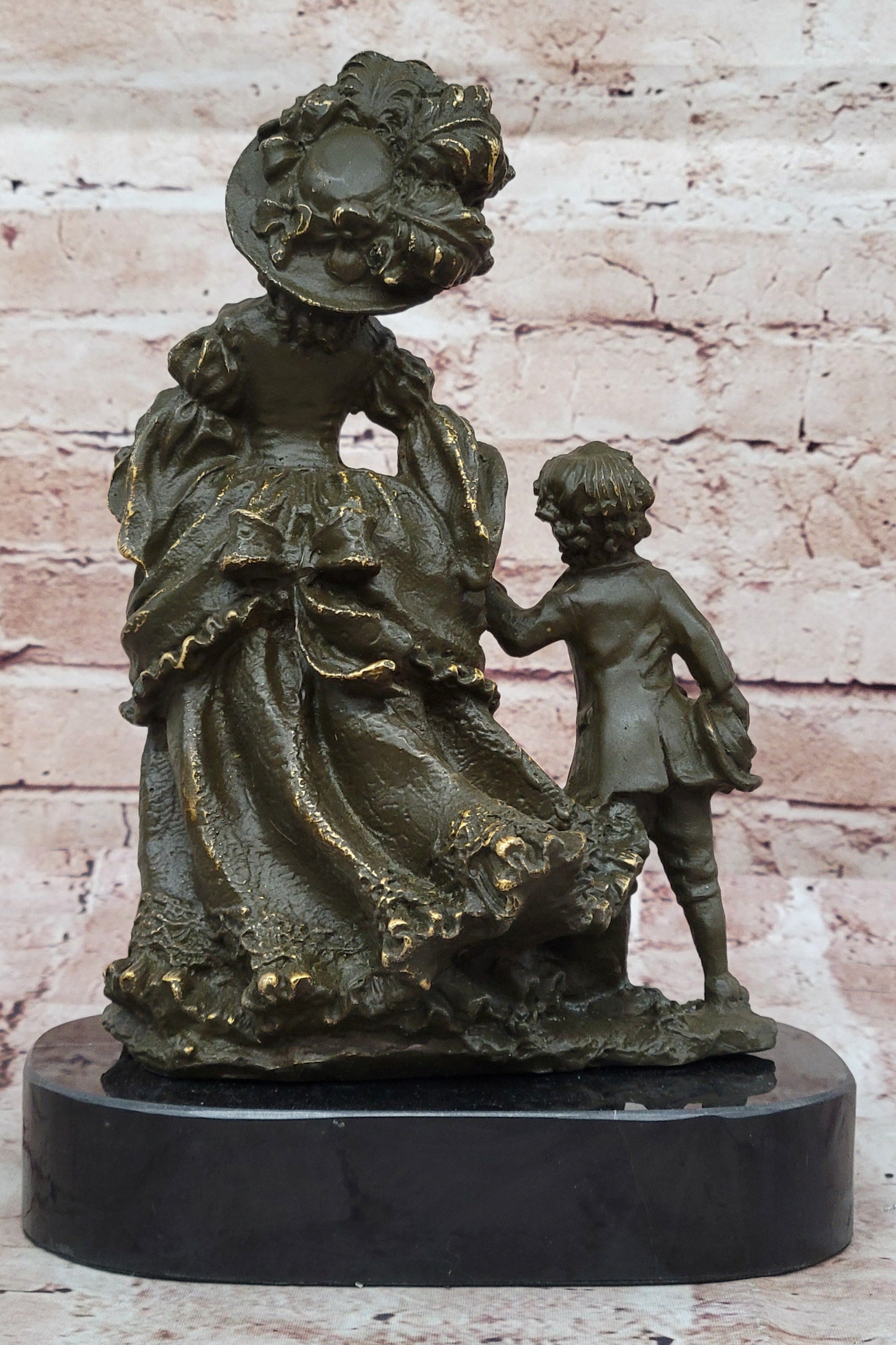 Bronze Victorian Lady and Boy Sculpture on Marble Base