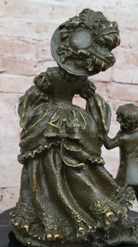 Bronze Victorian Lady and Boy Sculpture on Marble Base
