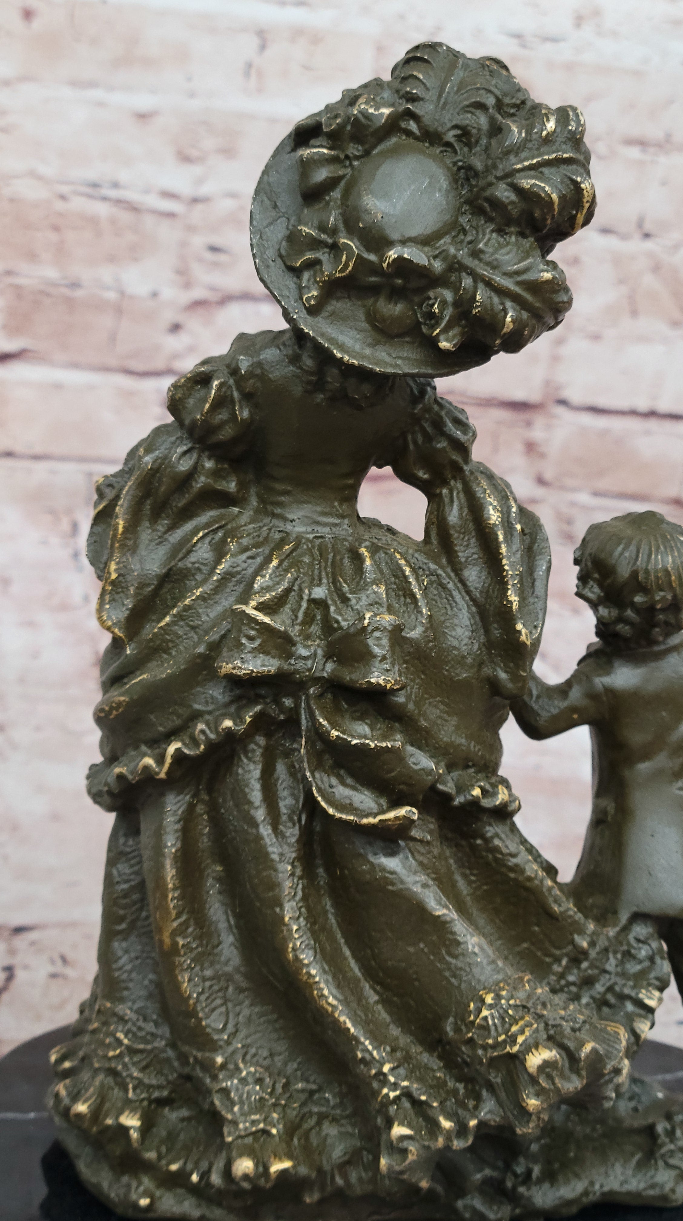 Bronze Victorian Lady and Boy Sculpture on Marble Base