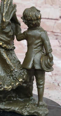 Bronze Victorian Lady and Boy Sculpture on Marble Base
