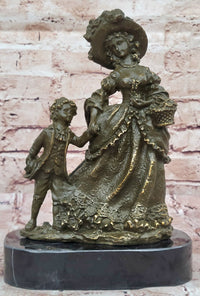 Bronze Victorian Lady and Boy Sculpture on Marble Base