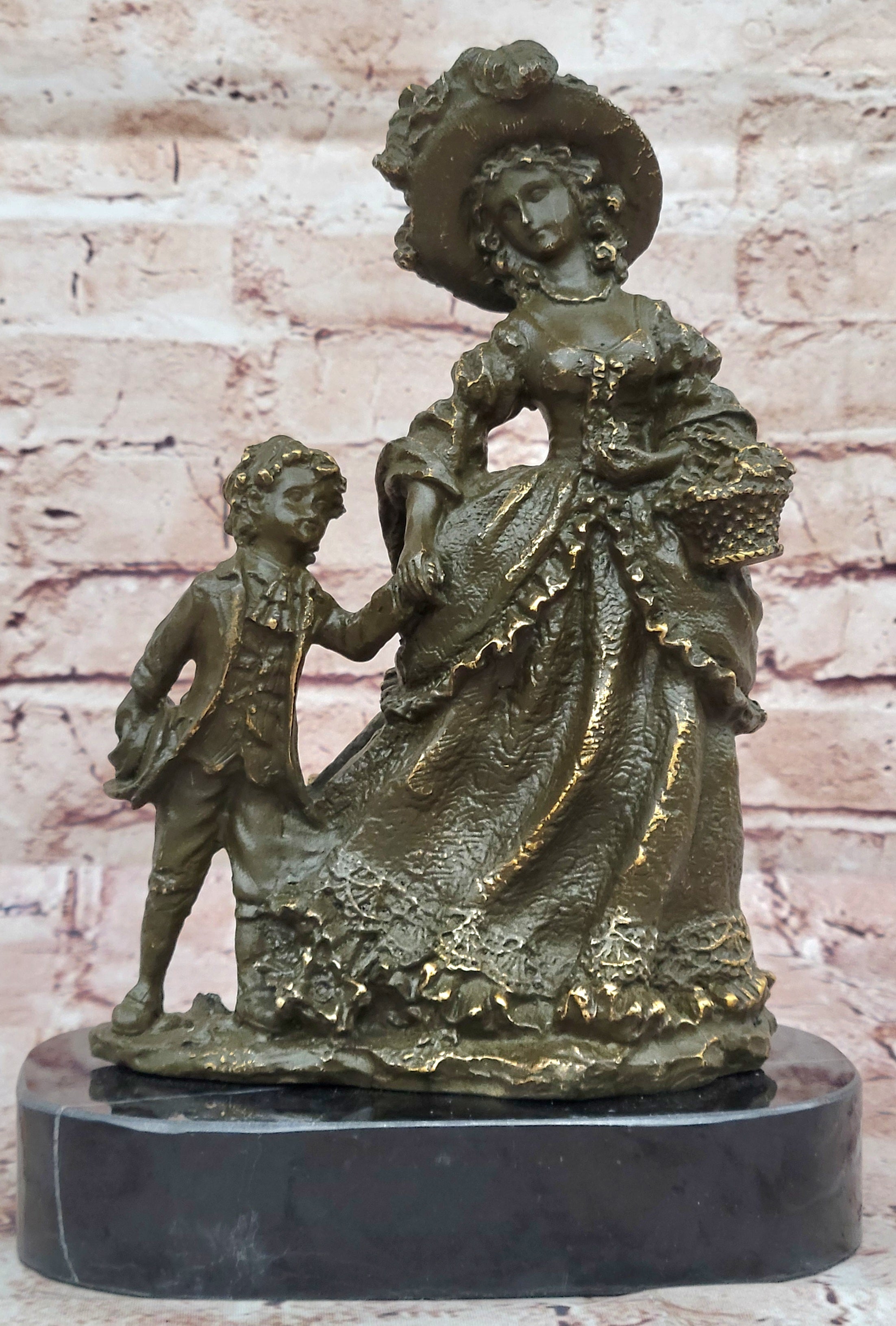 Bronze Victorian Lady and Boy Sculpture on Marble Base