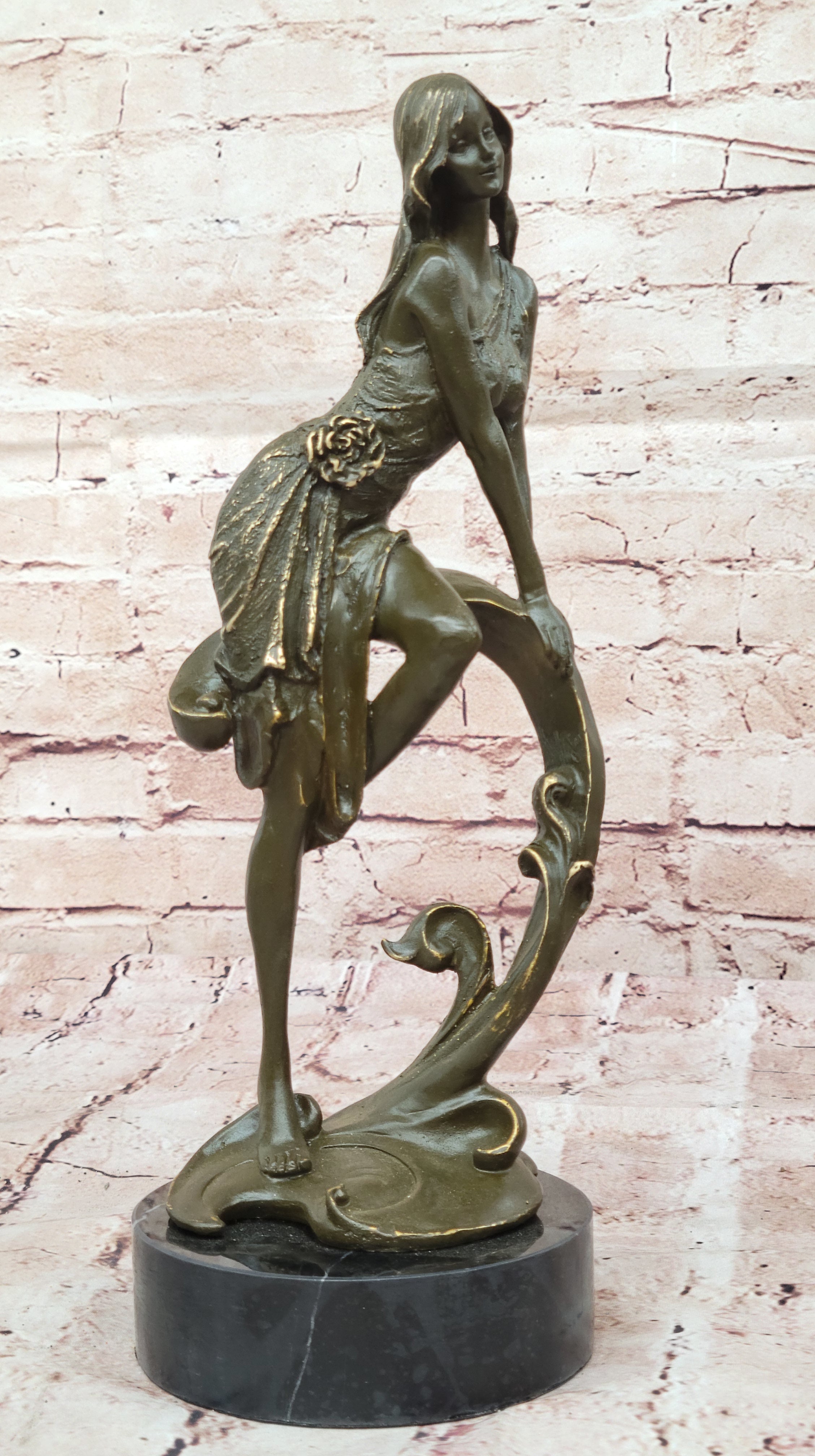 Art Nouveau Bronze Girl on Swing – Marble Base