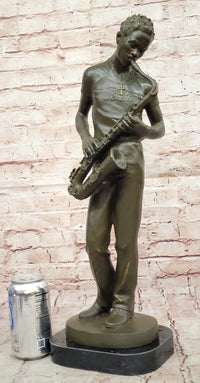 Bronze Jazz Musician Playing Saxophone on Marble Base