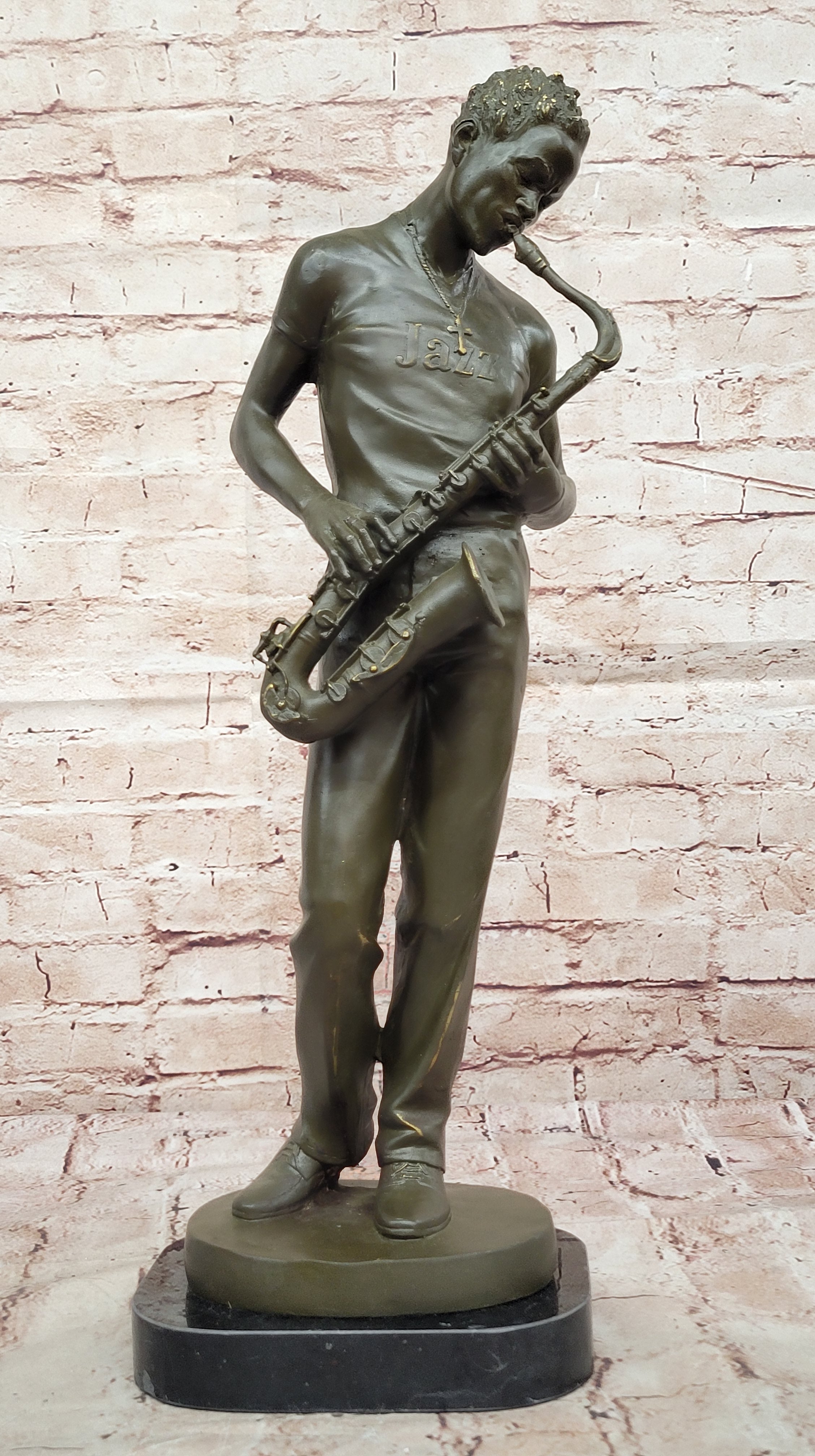 Bronze Jazz Musician Playing Saxophone on Marble Base