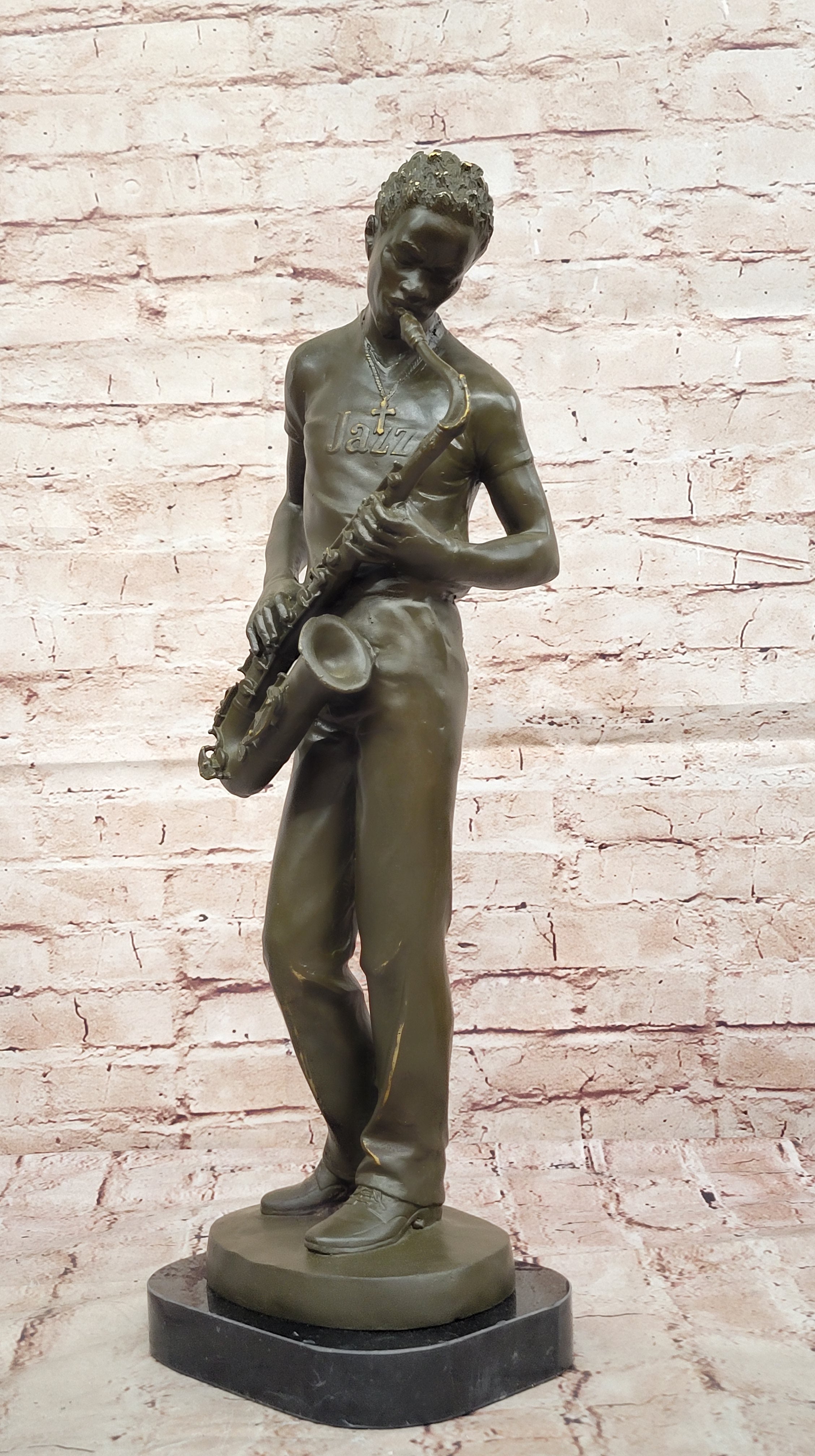 Bronze Jazz Musician Playing Saxophone on Marble Base