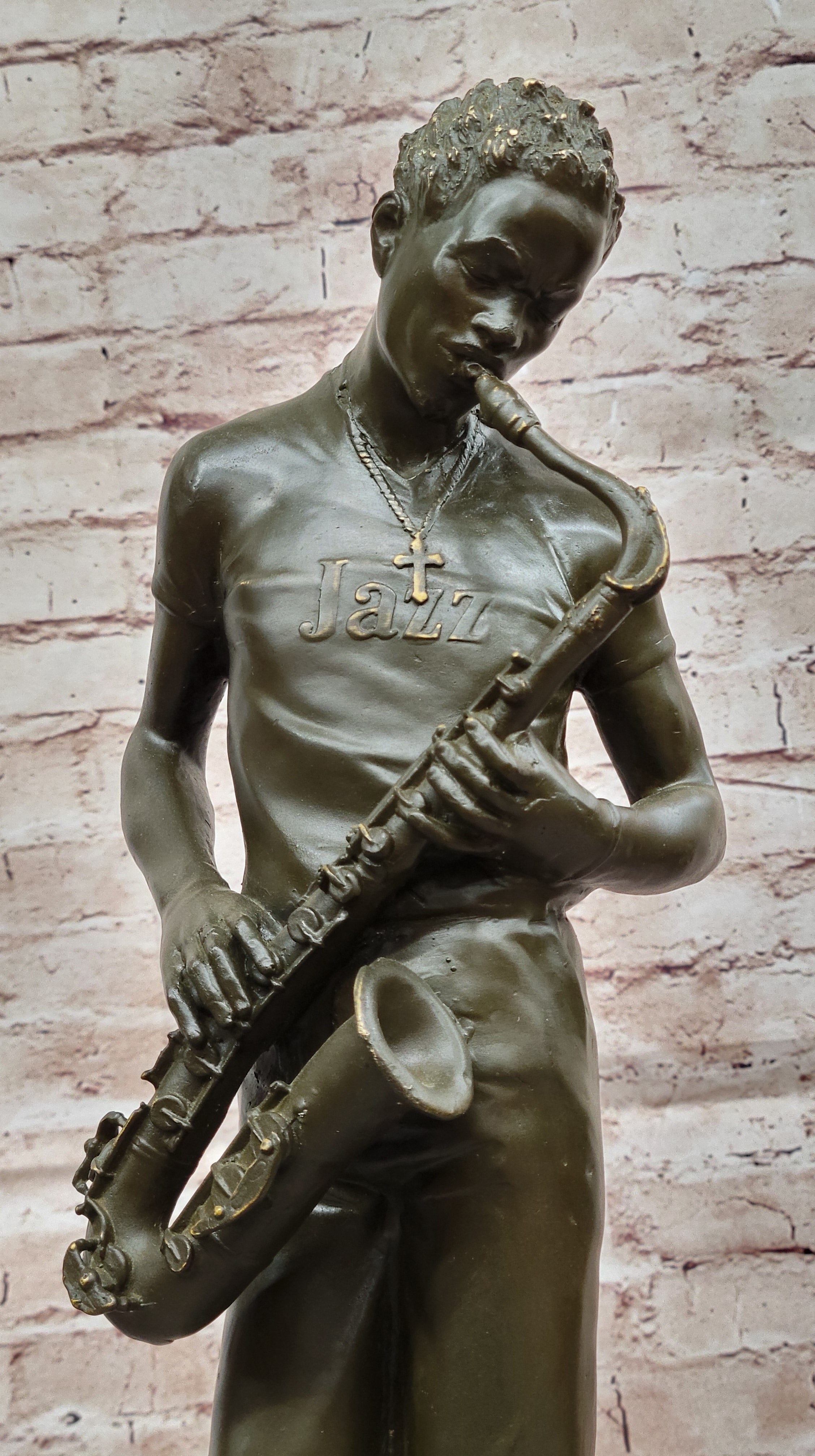 Bronze Jazz Musician Playing Saxophone on Marble Base