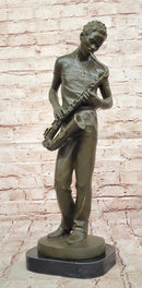 Bronze Jazz Musician Playing Saxophone on Marble Base