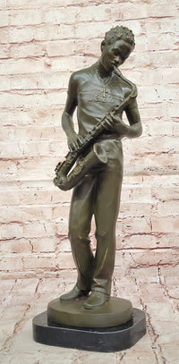 Bronze Jazz Musician Playing Saxophone on Marble Base