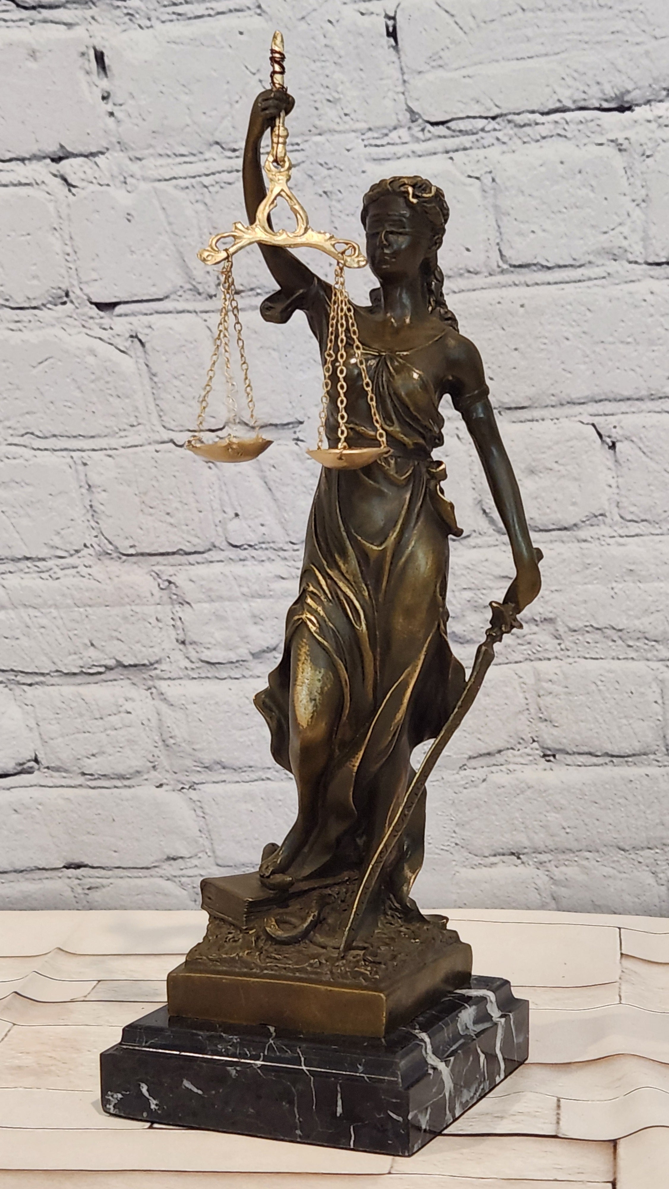 Bronze Sculpture Lady Justice Scales of Justice Statue Lawyer Attorney Office Decor
