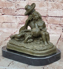 Bronze Children Resting Sculpture – Boy and Girl with Guitar