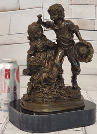 Vintage Signed Patoue Bronze Statues: Boy and Girl Sculpture Figurine Hot Cast Artwork