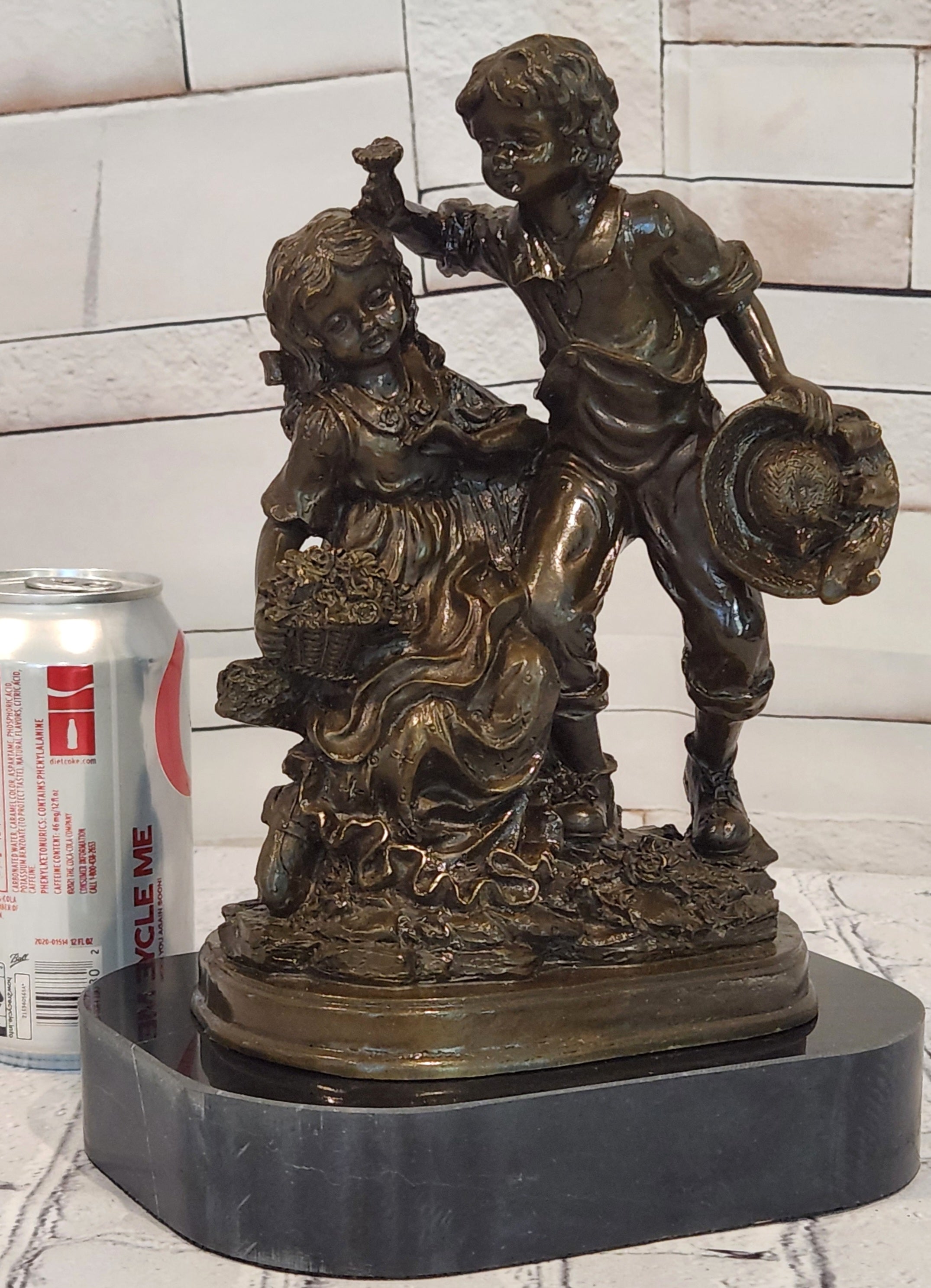 Vintage Signed Patoue Bronze Statues: Boy and Girl Sculpture Figurine Hot Cast Artwork