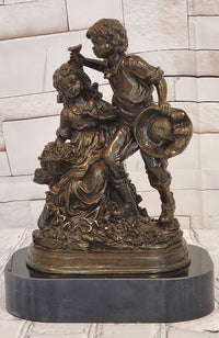 Vintage Signed Patoue Bronze Statues: Boy and Girl Sculpture Figurine Hot Cast Artwork