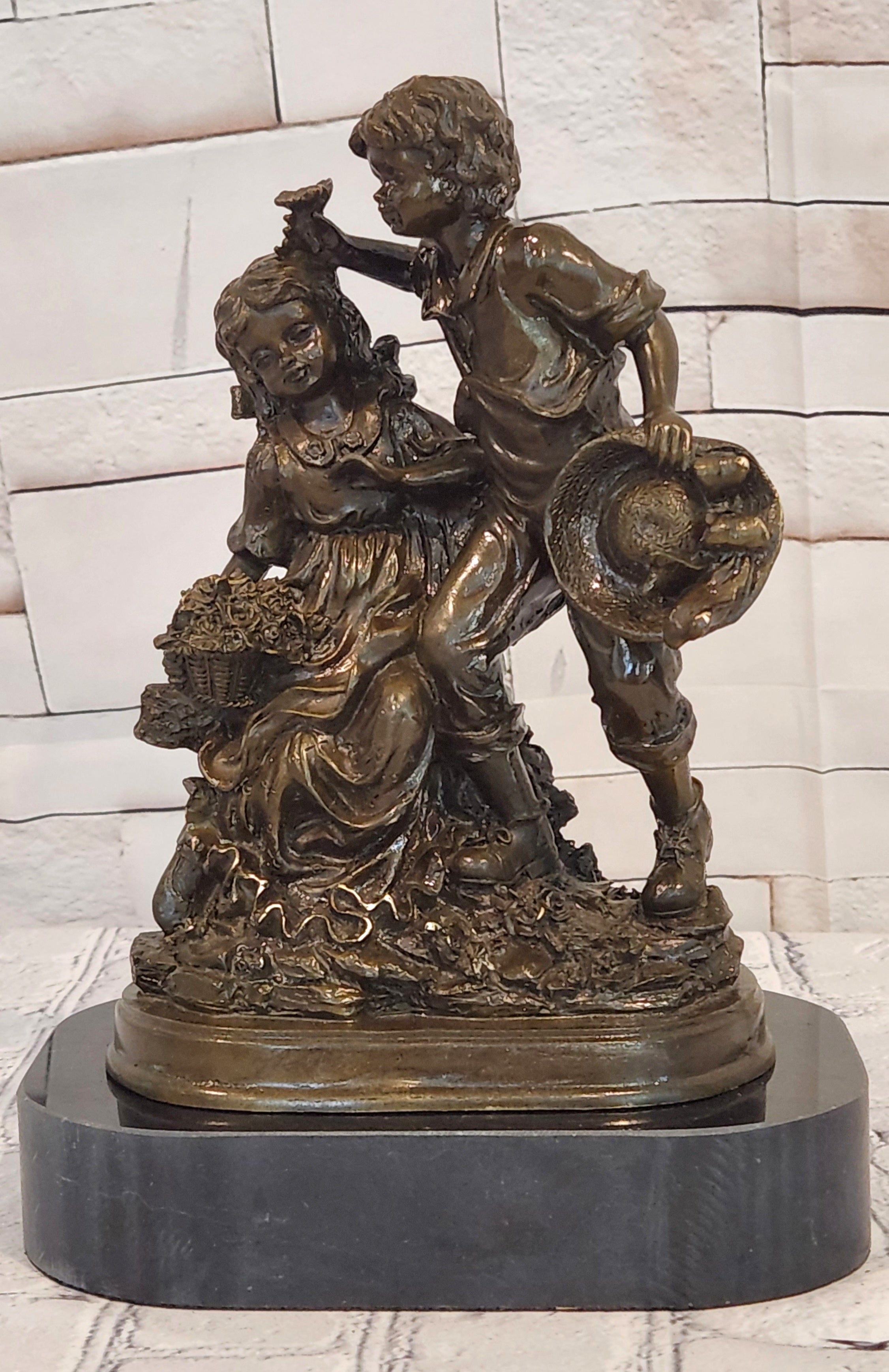 Vintage Signed Patoue Bronze Statues: Boy and Girl Sculpture Figurine Hot Cast Artwork