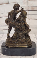 Vintage Signed Patoue Bronze Statues: Boy and Girl Sculpture Figurine Hot Cast Artwork