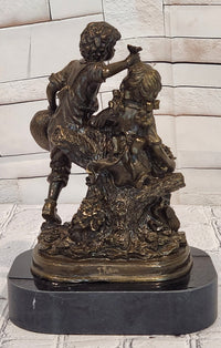 Vintage Signed Patoue Bronze Statues: Boy and Girl Sculpture Figurine Hot Cast Artwork