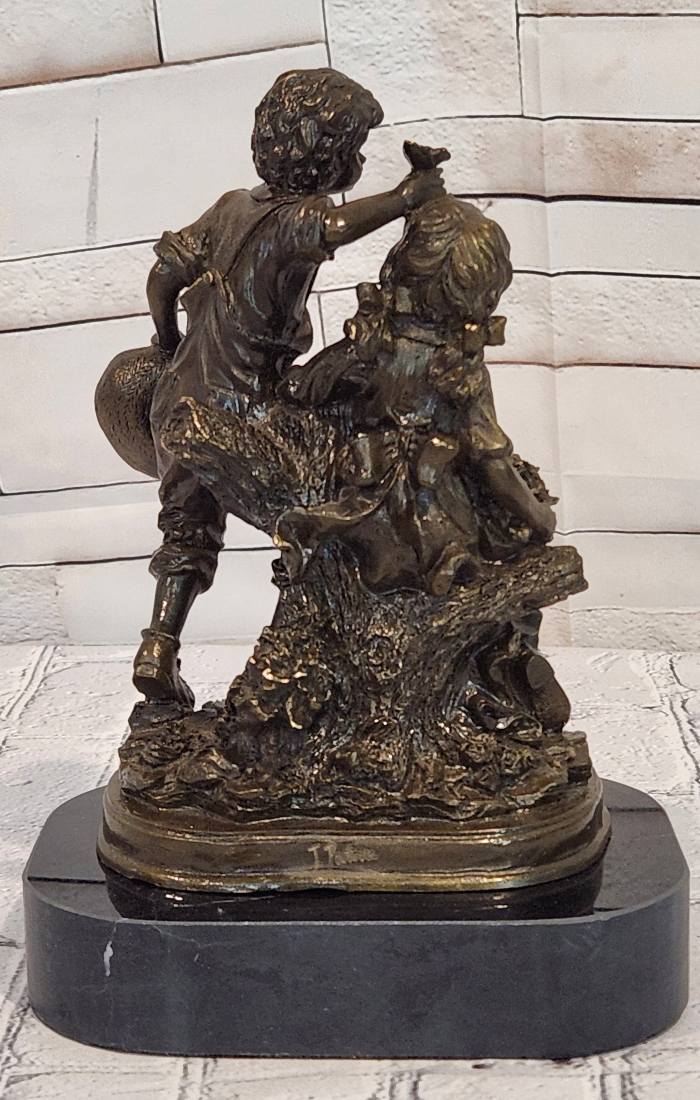 Vintage Signed Patoue Bronze Statues: Boy and Girl Sculpture Figurine Hot Cast Artwork