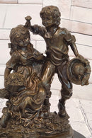 Vintage Signed Patoue Bronze Statues: Boy and Girl Sculpture Figurine Hot Cast Artwork