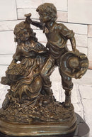 Vintage Signed Patoue Bronze Statues: Boy and Girl Sculpture Figurine Hot Cast Artwork