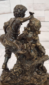 Vintage Signed Patoue Bronze Statues: Boy and Girl Sculpture Figurine Hot Cast Artwork