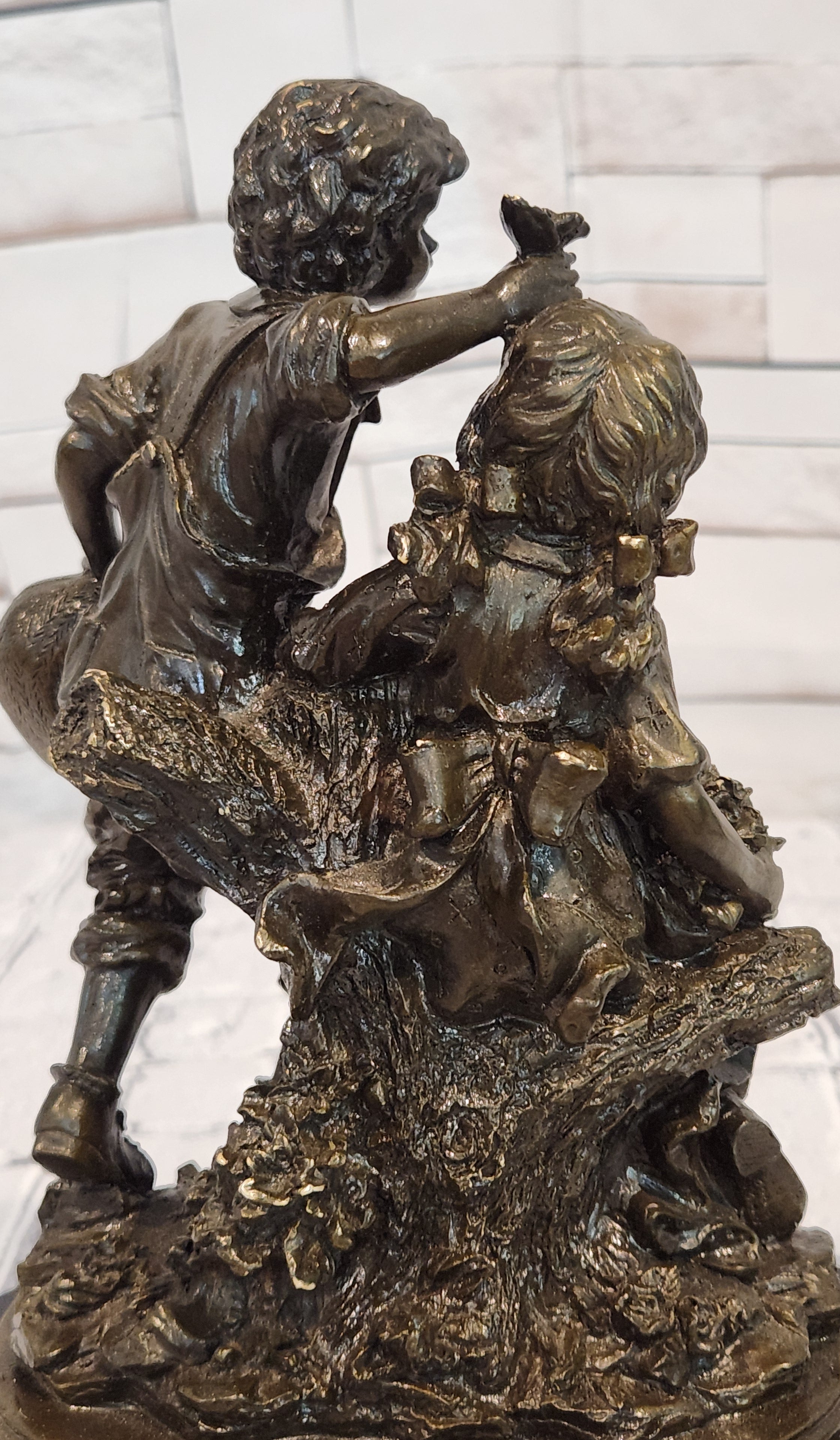 Vintage Signed Patoue Bronze Statues: Boy and Girl Sculpture Figurine Hot Cast Artwork