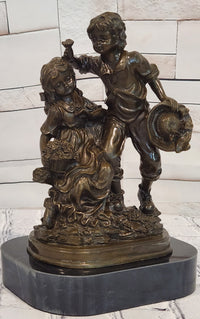 Vintage Signed Patoue Bronze Statues: Boy and Girl Sculpture Figurine Hot Cast Artwork
