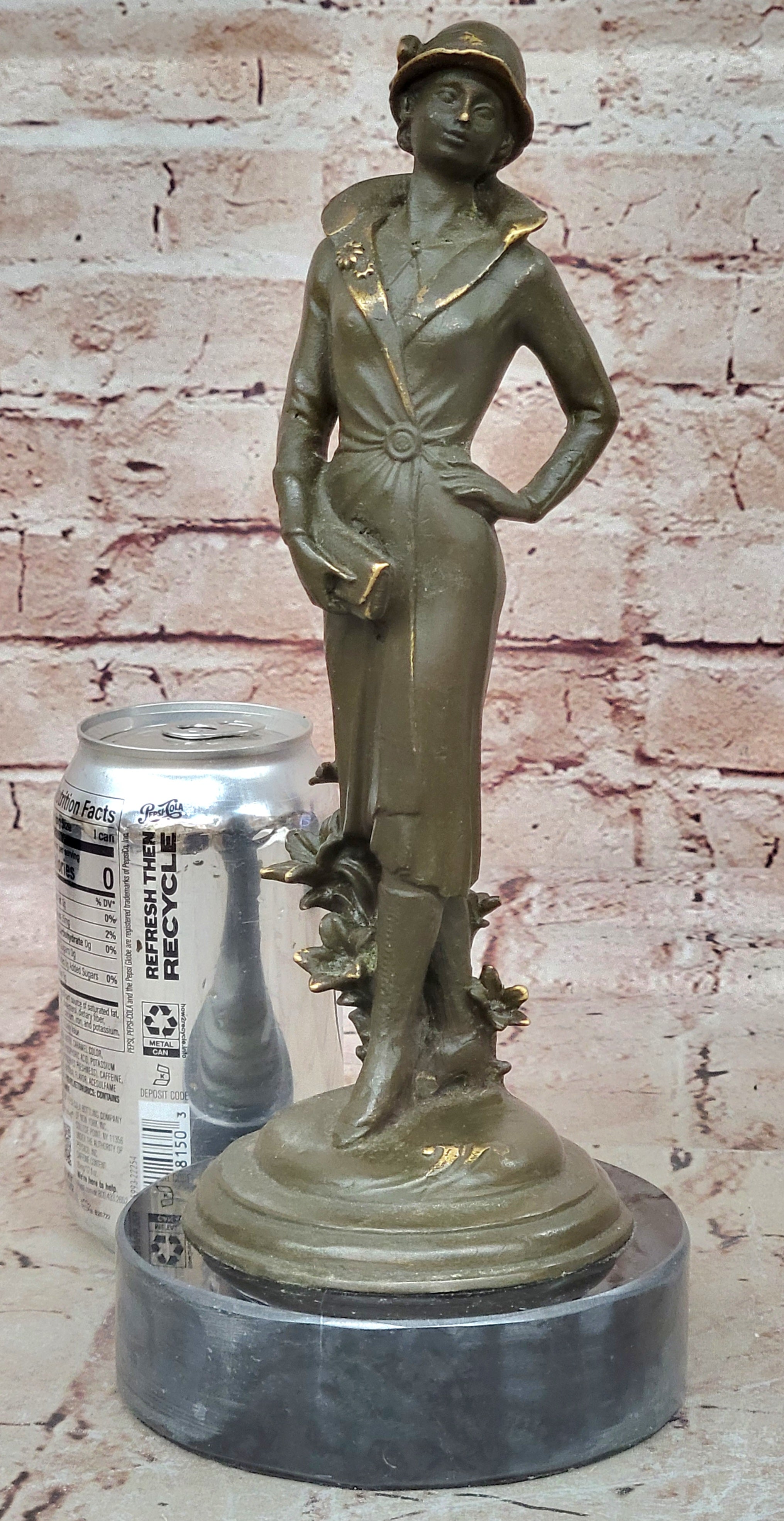 Art Deco Lady with Hat Bronze Sculpture on Marble Base