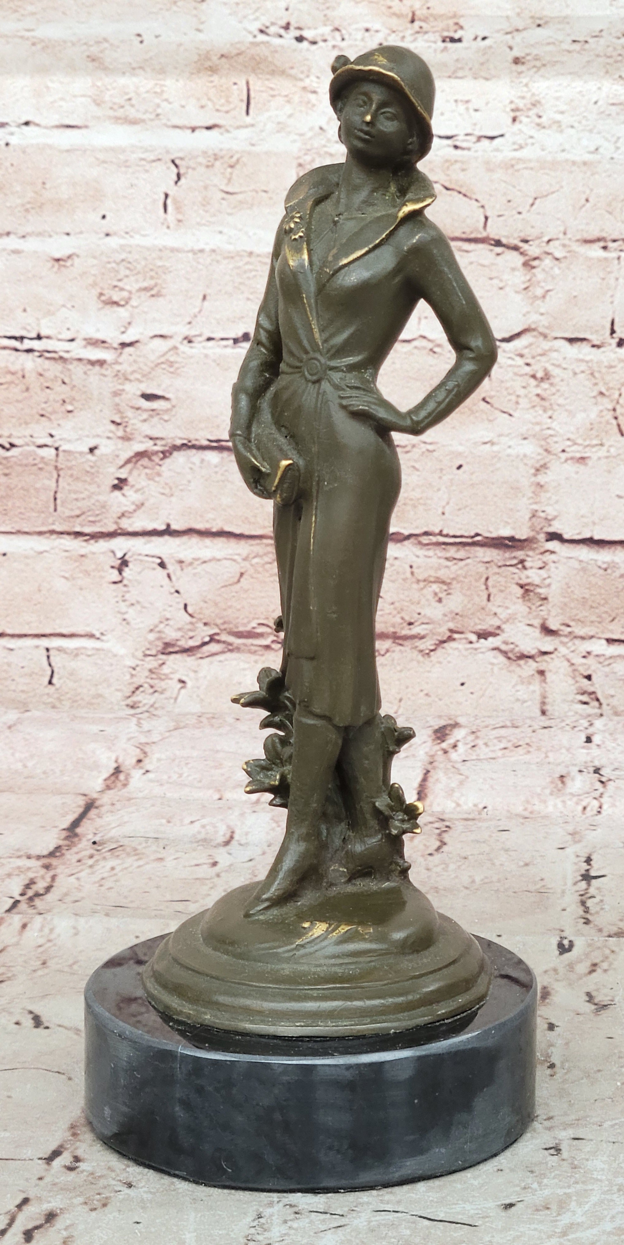 Art Deco Lady with Hat Bronze Sculpture on Marble Base