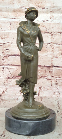 Art Deco Lady with Hat Bronze Sculpture on Marble Base