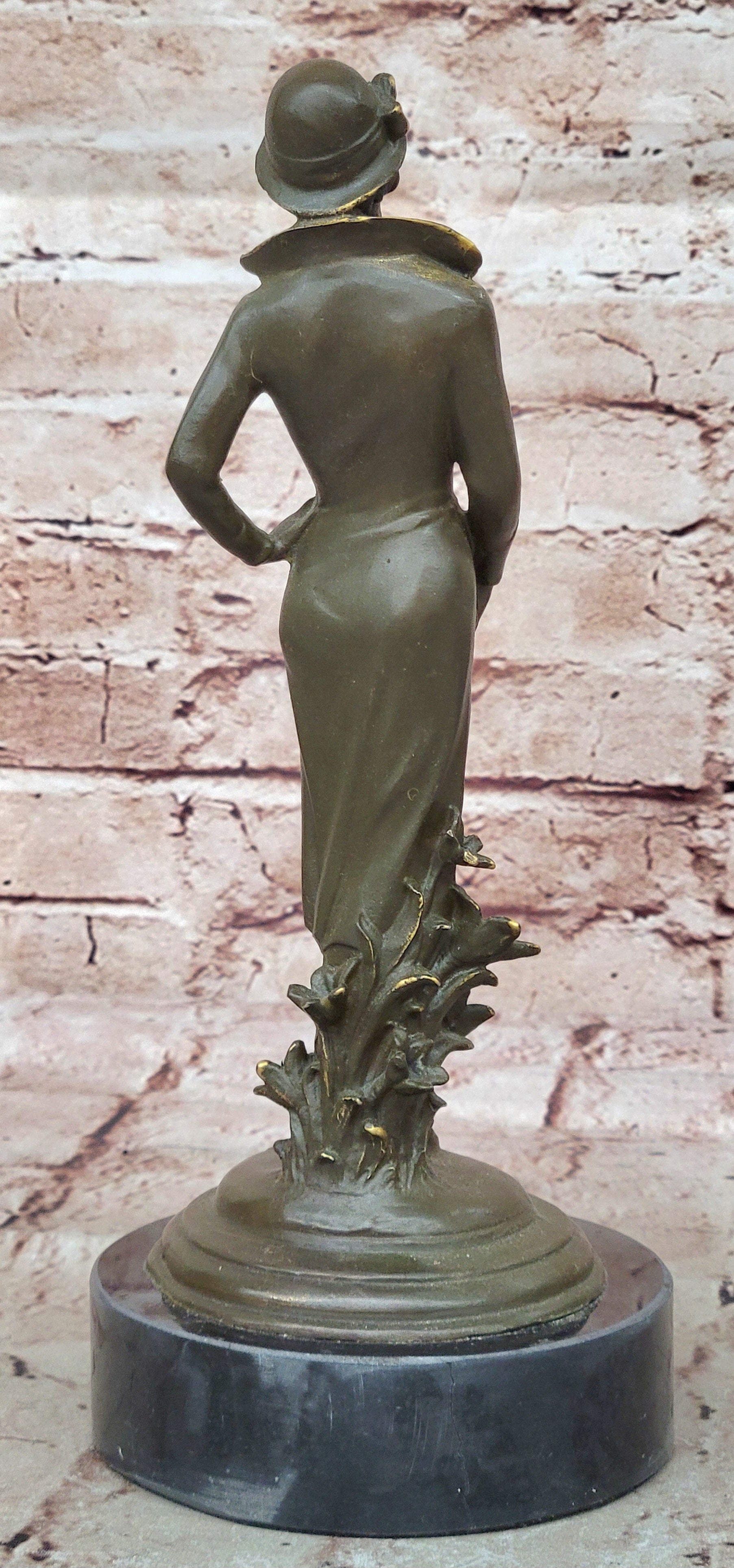 Art Deco Lady with Hat Bronze Sculpture on Marble Base