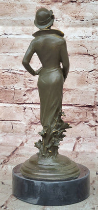 Art Deco Lady with Hat Bronze Sculpture on Marble Base