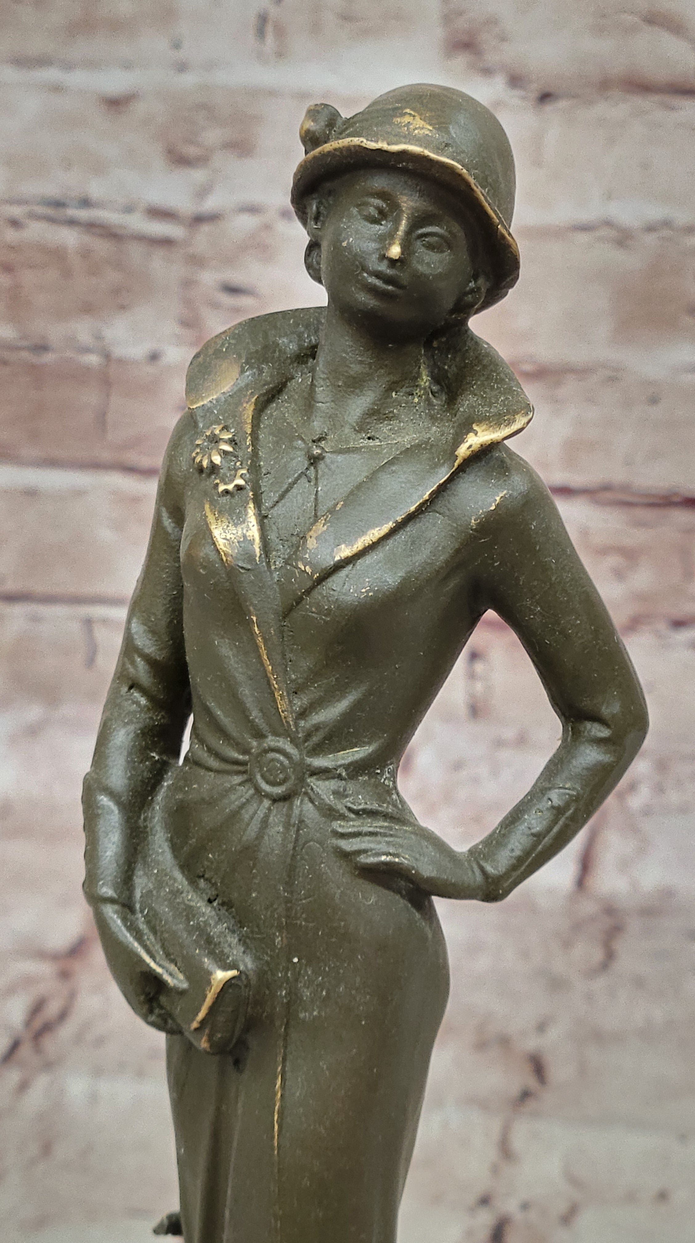 Art Deco Lady with Hat Bronze Sculpture on Marble Base