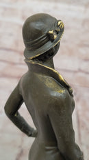 Art Deco Lady with Hat Bronze Sculpture on Marble Base