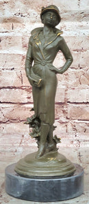 Art Deco Lady with Hat Bronze Sculpture on Marble Base