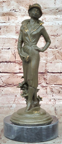 Art Deco Lady with Hat Bronze Sculpture on Marble Base