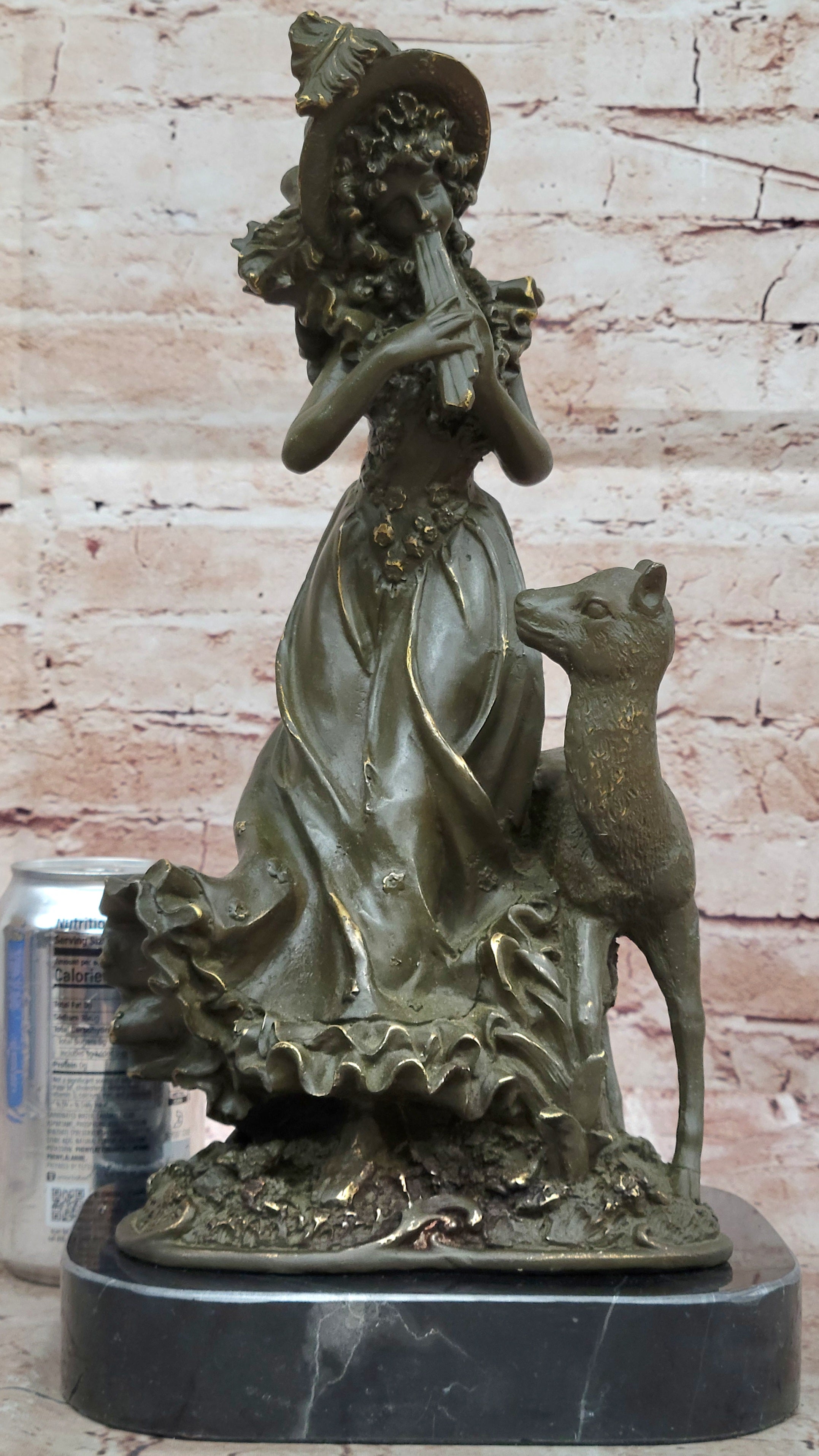Bronze Girl Playing Flute with Deer on Marble Base by Aldo Vitaleh