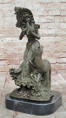 Bronze Girl Playing Flute with Deer on Marble Base by Aldo Vitaleh