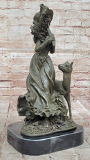 Bronze Girl Playing Flute with Deer on Marble Base by Aldo Vitaleh