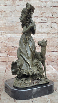 Bronze Girl Playing Flute with Deer on Marble Base by Aldo Vitaleh
