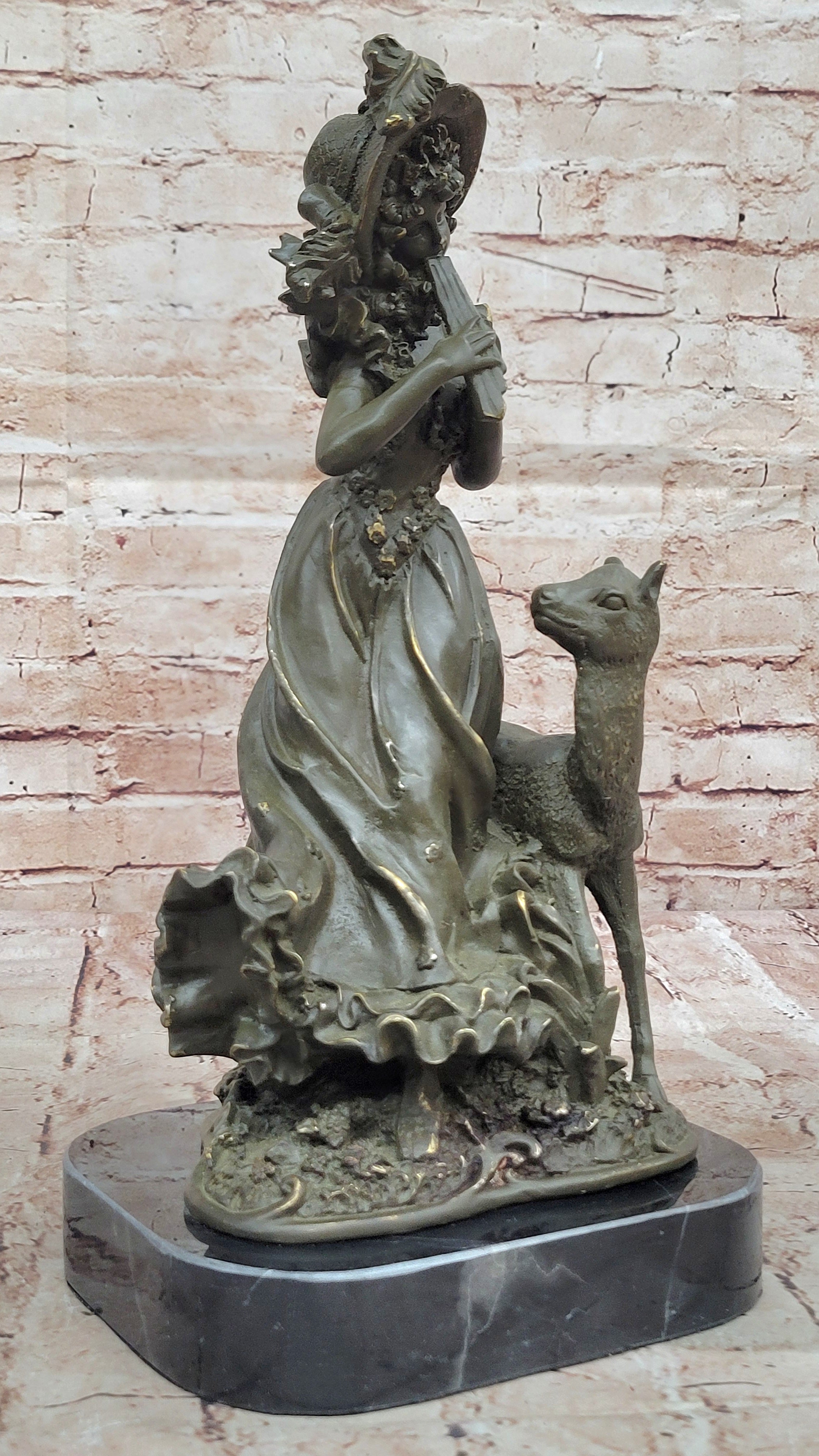Bronze Girl Playing Flute with Deer on Marble Base by Aldo Vitaleh